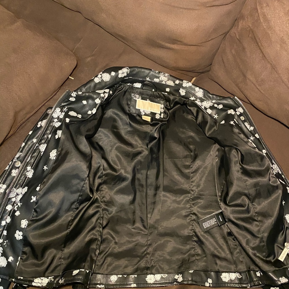 MICHAEL KORS Black Floral Leather Belted  Jacket